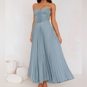 Strapless Pleated Maxi Dress in Dusty Blue